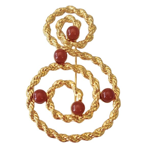 Avon Musical Treble Clef S-Shape Faux Carnelian Stone Brooch, Signed E684 - Picture 1 of 11